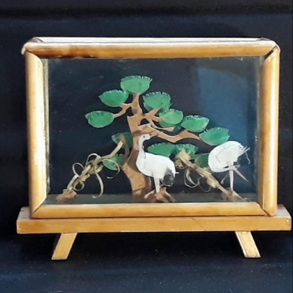Vintage Miniature Chinese 3D Cranes Landscape Glass Bamboo Diorama Display - Picture 12 of 12